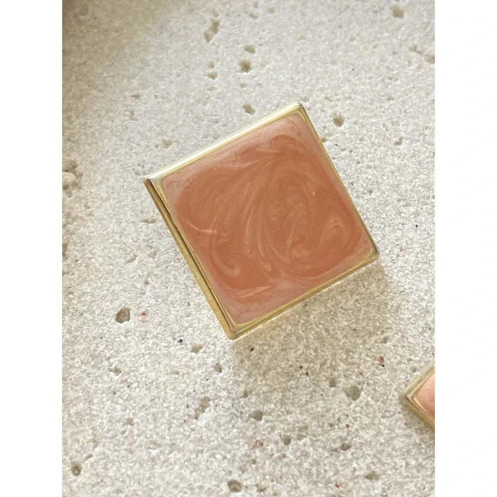 Square Blush Pink Marbled Enamel Stud‎ Earrings Gold Tone Geometric Retro Bold